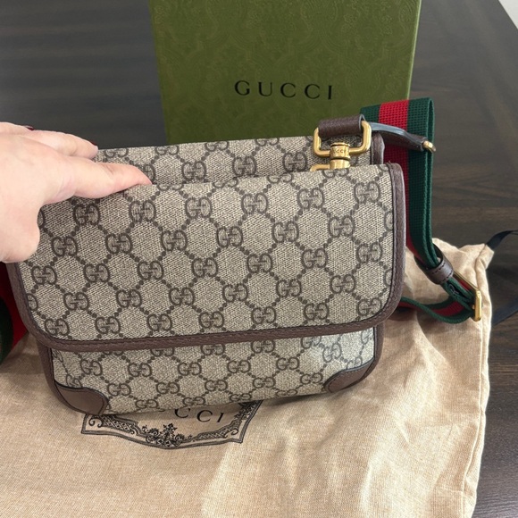 Gucci GG Supreme Canvas Crossbody Bag with Web Strap - Brown/Tan/Green/Red - Picture 2 of 5